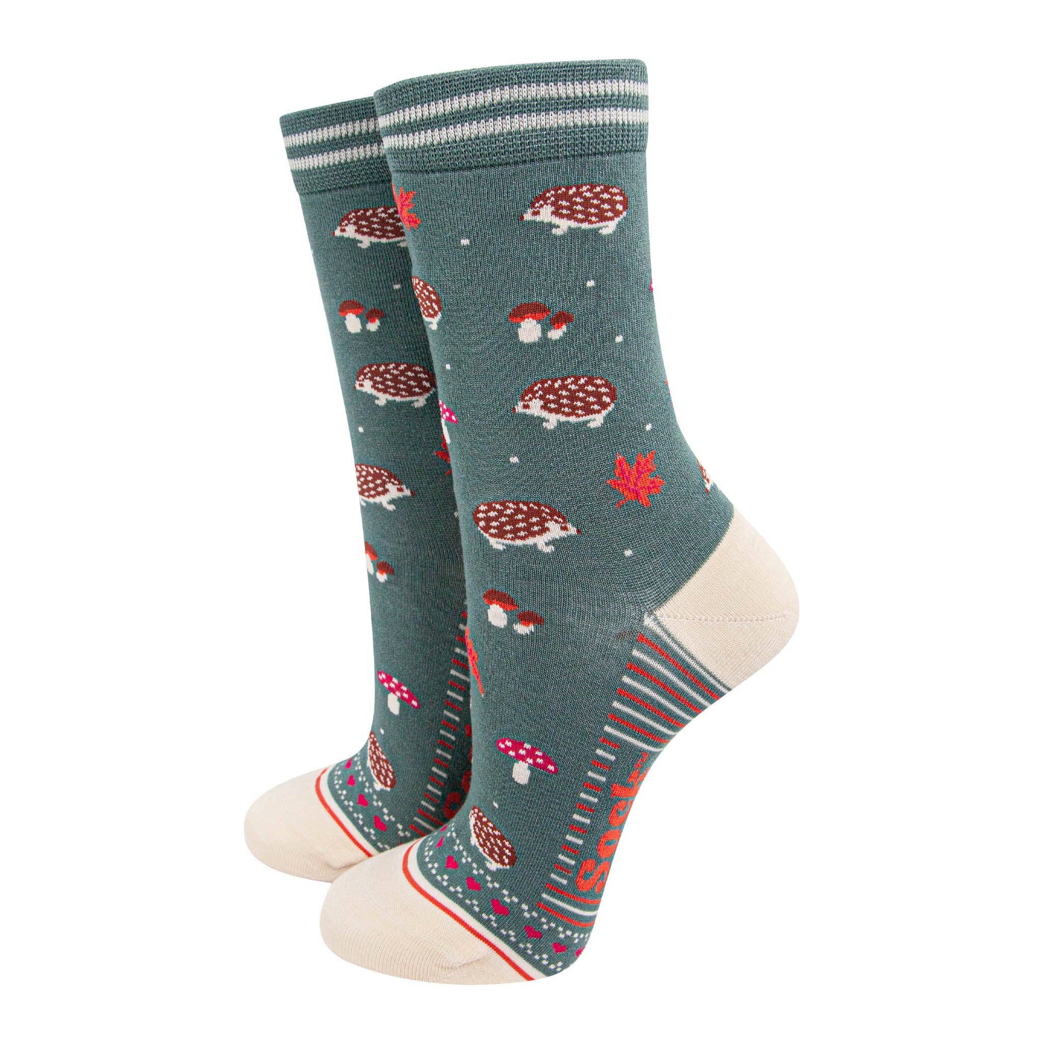 Women's Bamboo Socks - Sage Green/Cream, Hedgehog Toadstool