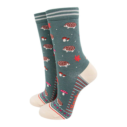 Women's Bamboo Socks - Sage Green/Cream, Hedgehog Toadstool