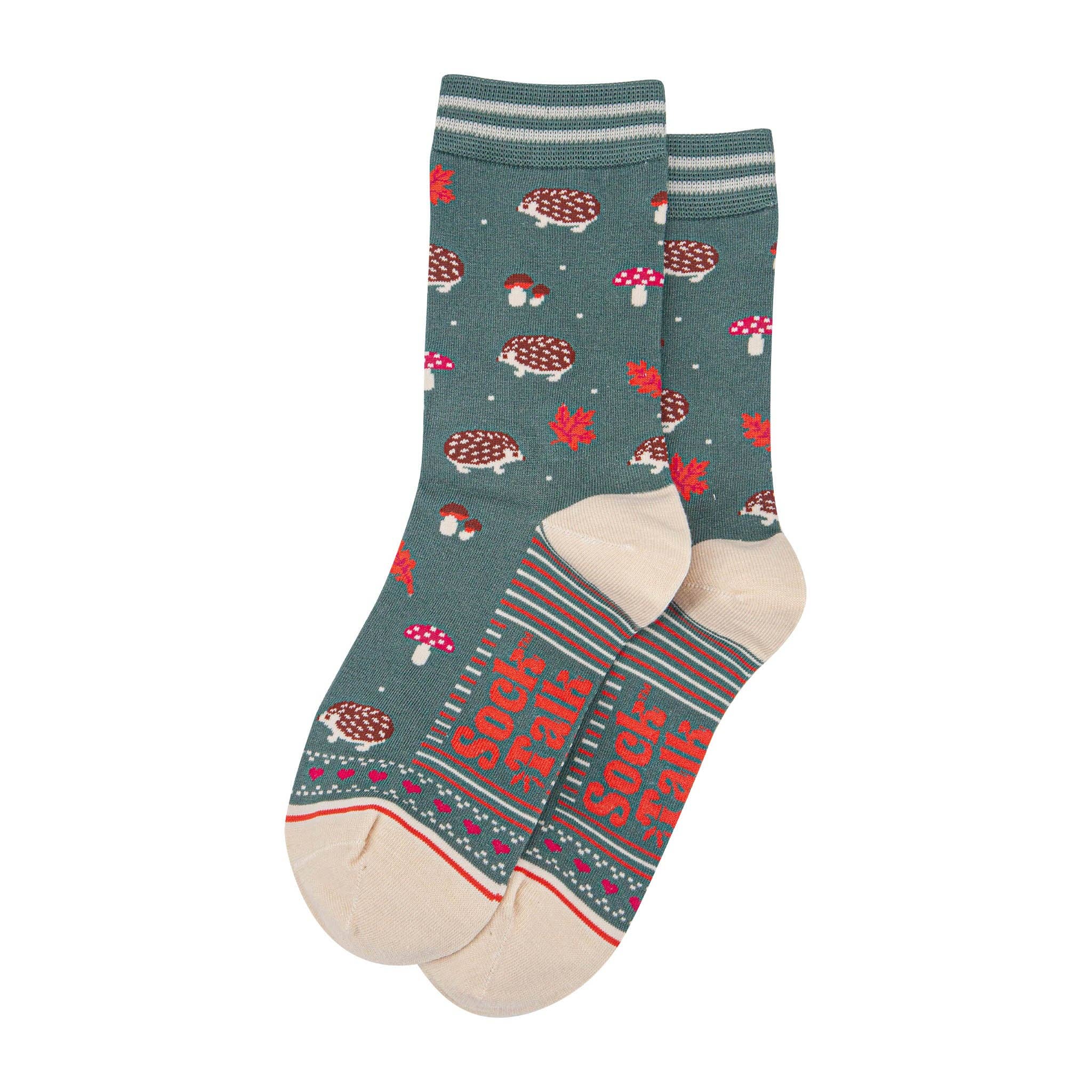Women's Bamboo Socks - Sage Green/Cream, Hedgehog Toadstool