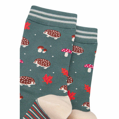 Women's Bamboo Socks - Sage Green/Cream, Hedgehog Toadstool