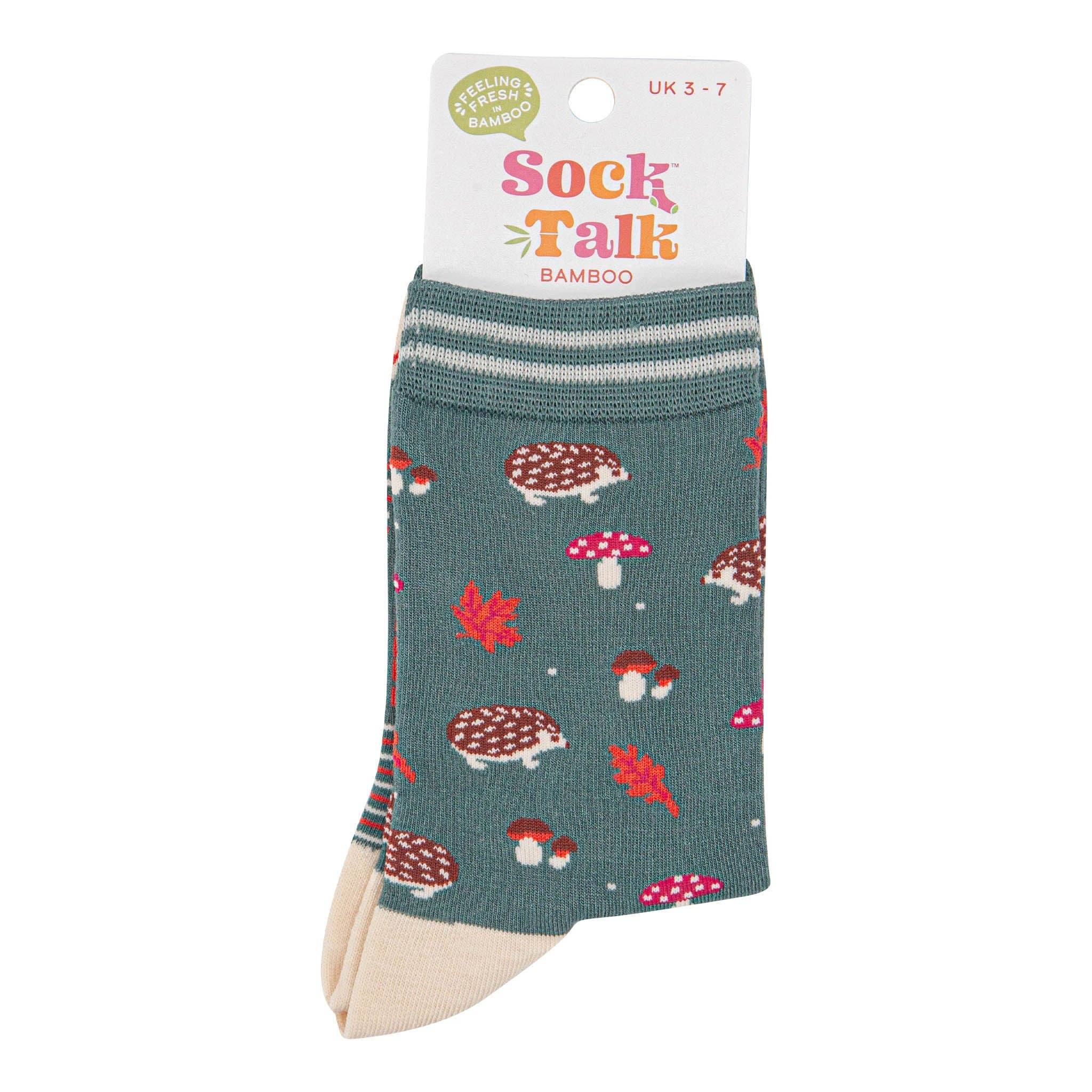 Women's Bamboo Socks - Sage Green/Cream, Hedgehog Toadstool