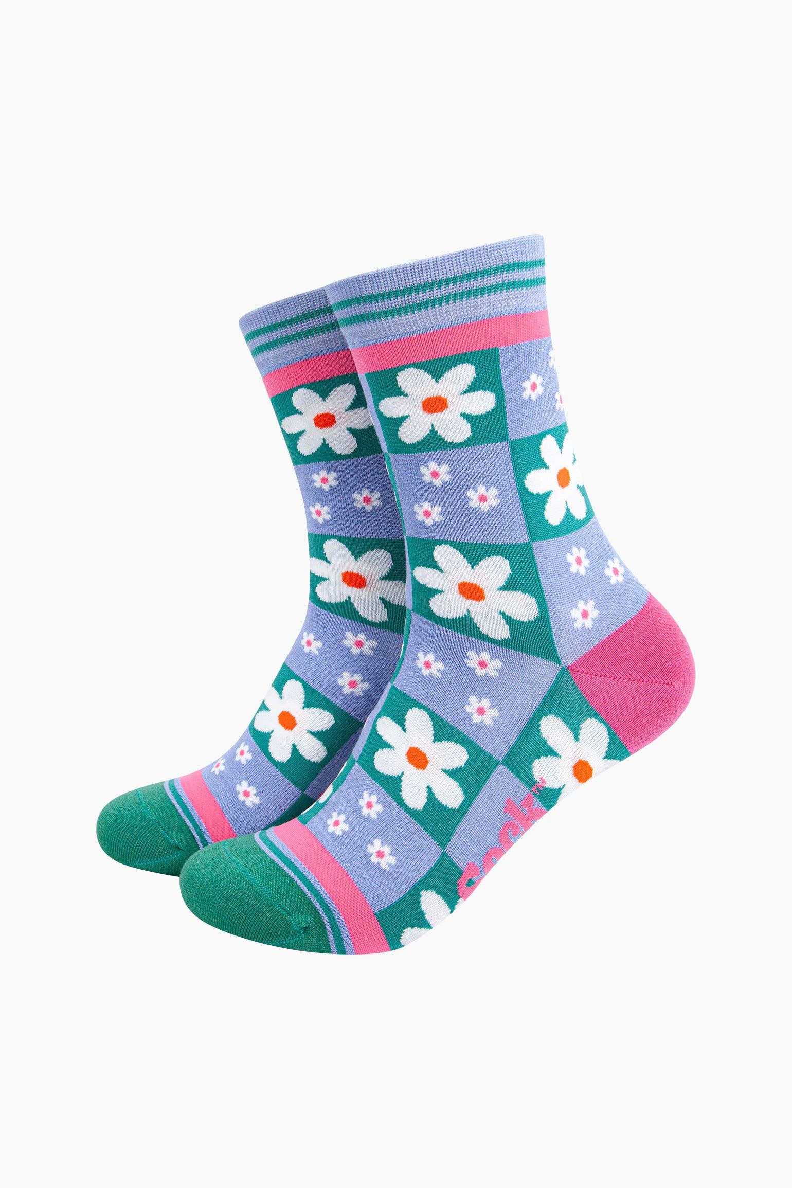 Women's Flower Checkerboard Bamboo Socks in Blue Bibelot Leek
