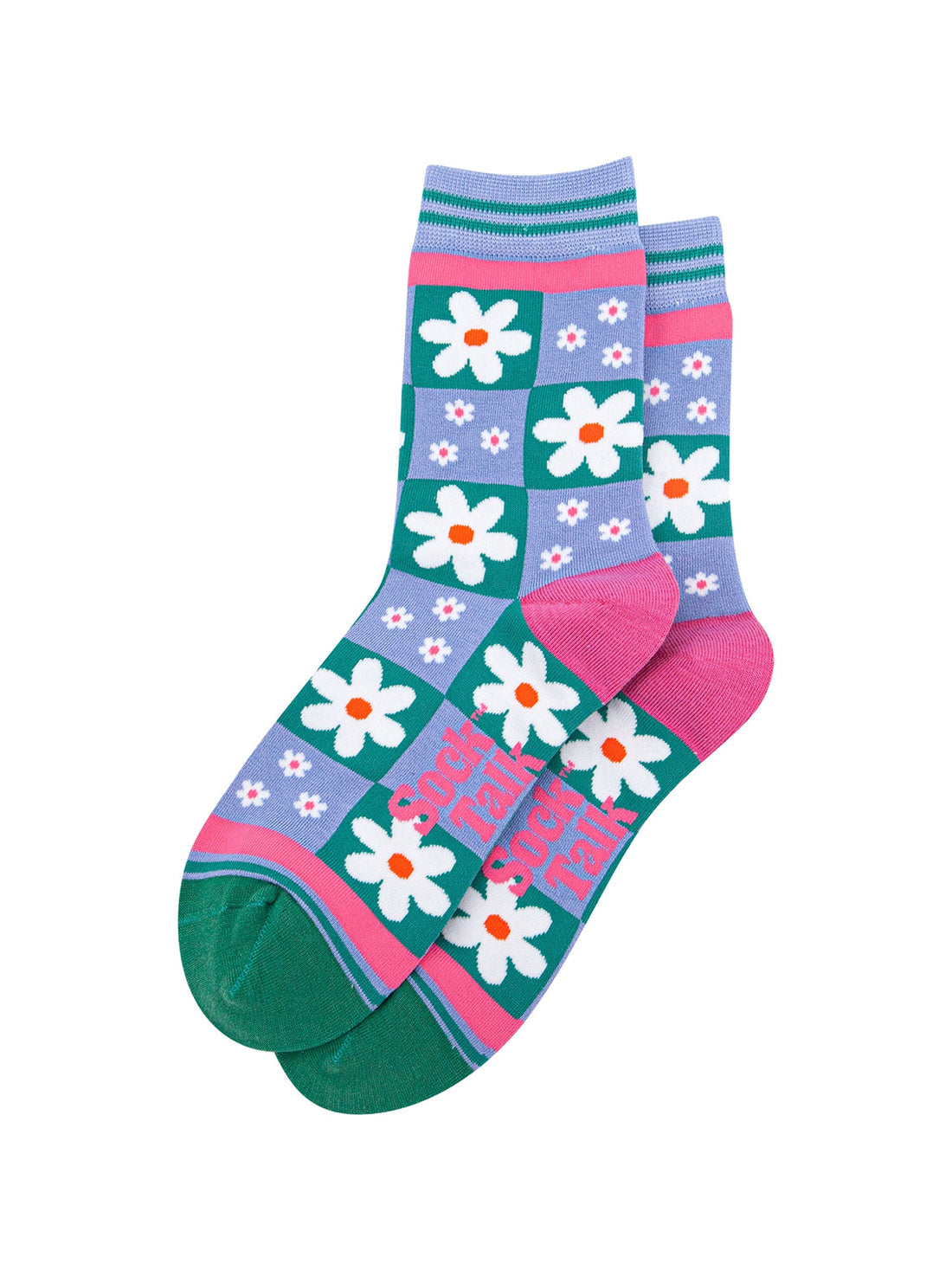 Women's Flower Checkerboard Bamboo Socks in Blue Bibelot Leek
