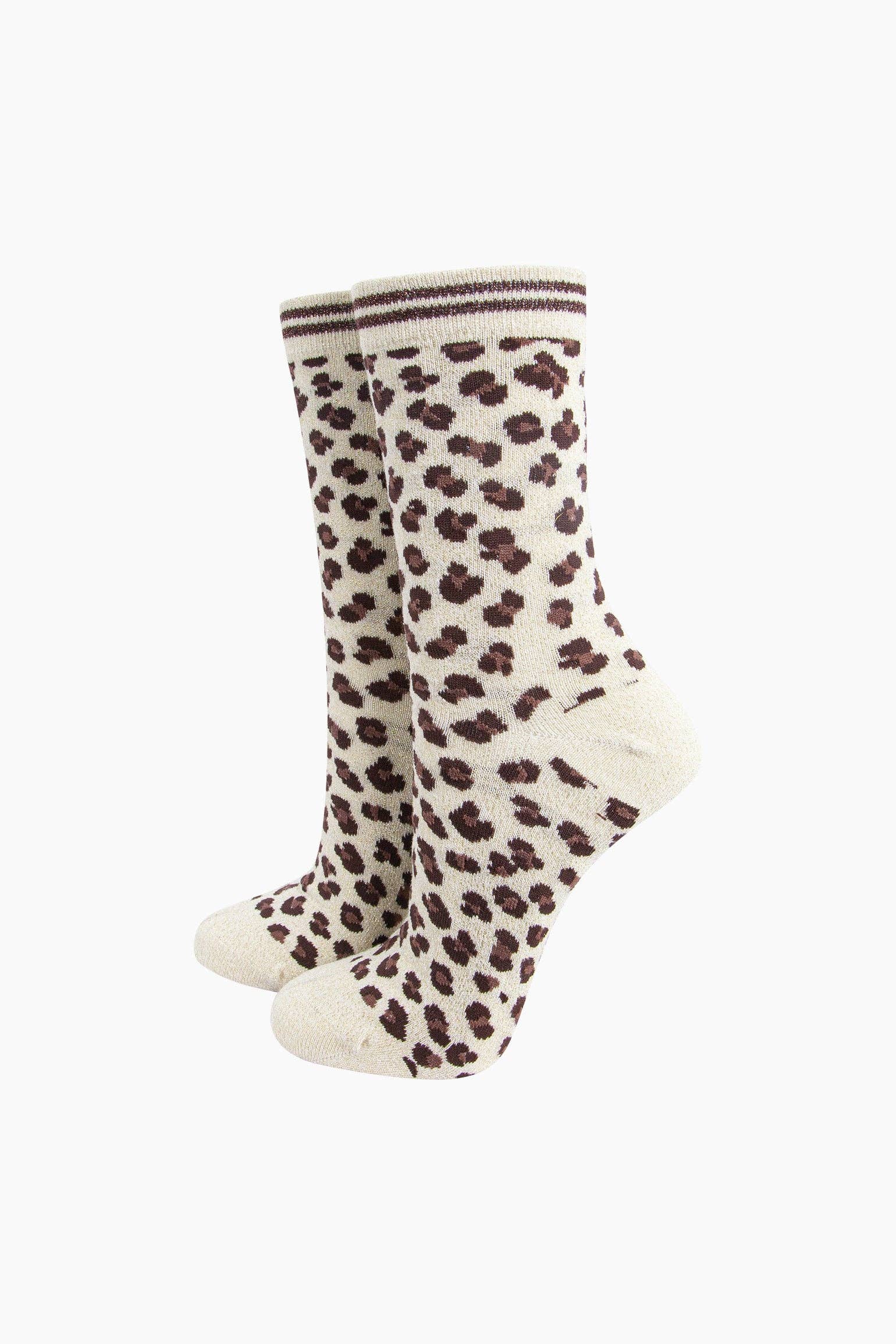 Women's Leopard Print Combed Cotton Glitter Socks in Cream