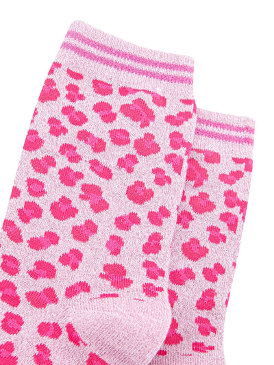 Women's Leopard Print Combed Cotton Glitter Socks in Pink Bibelot Leek