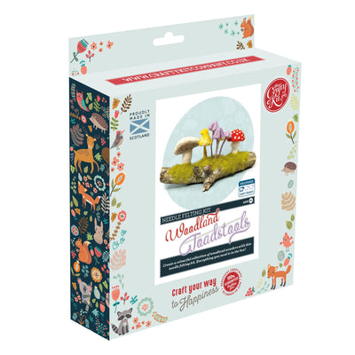Boxed needle felting kit with woodland design on a white background