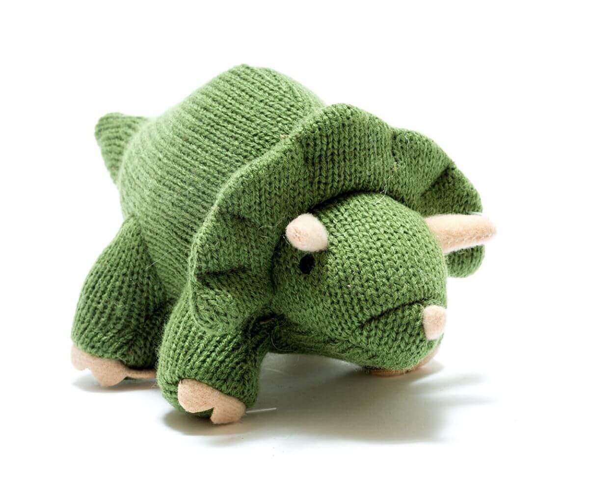 Best Years Small Moss Green Knitted Triceratops Baby Rattle image 0