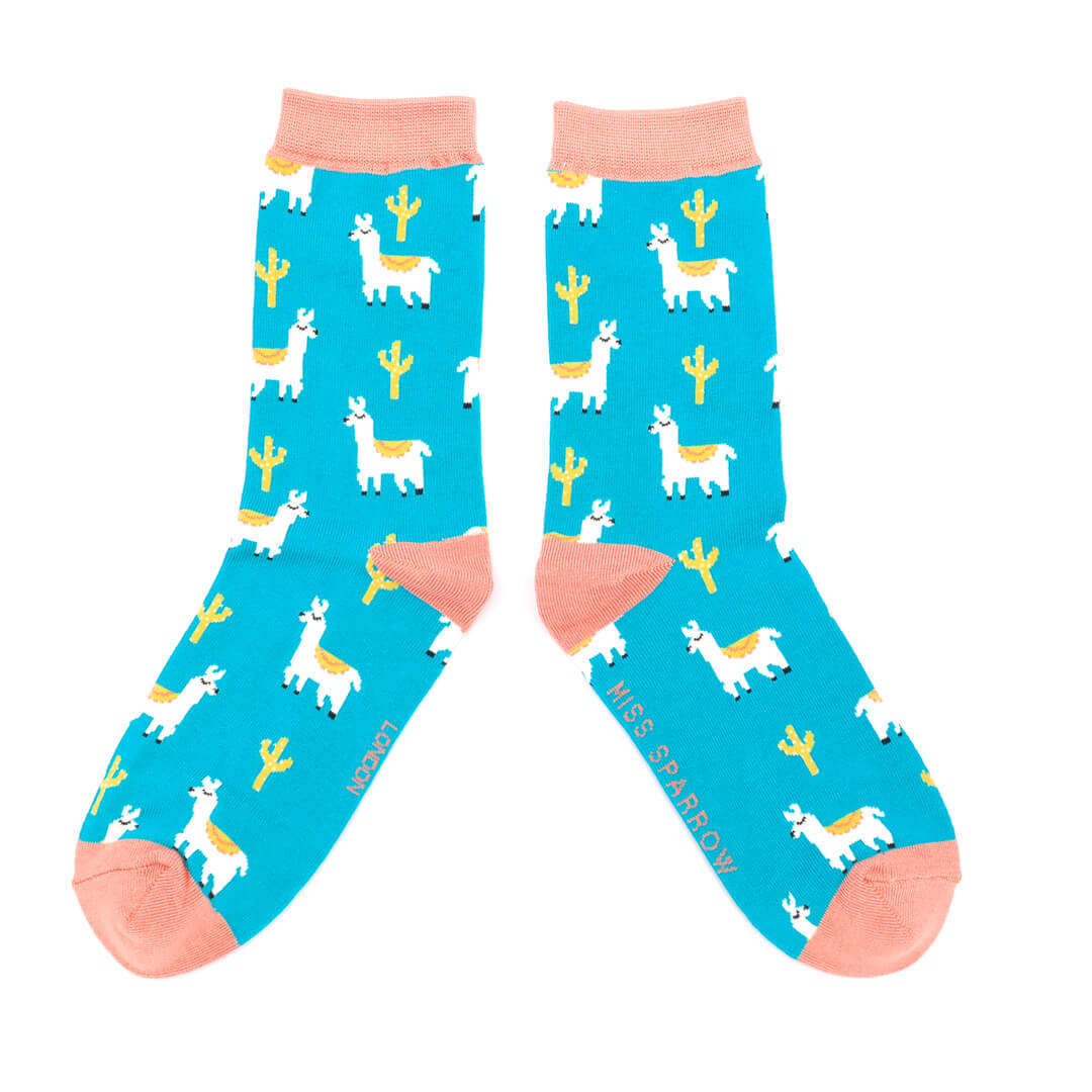 Miss Sparrow Llama and Cactus Socks: Teal image 0
