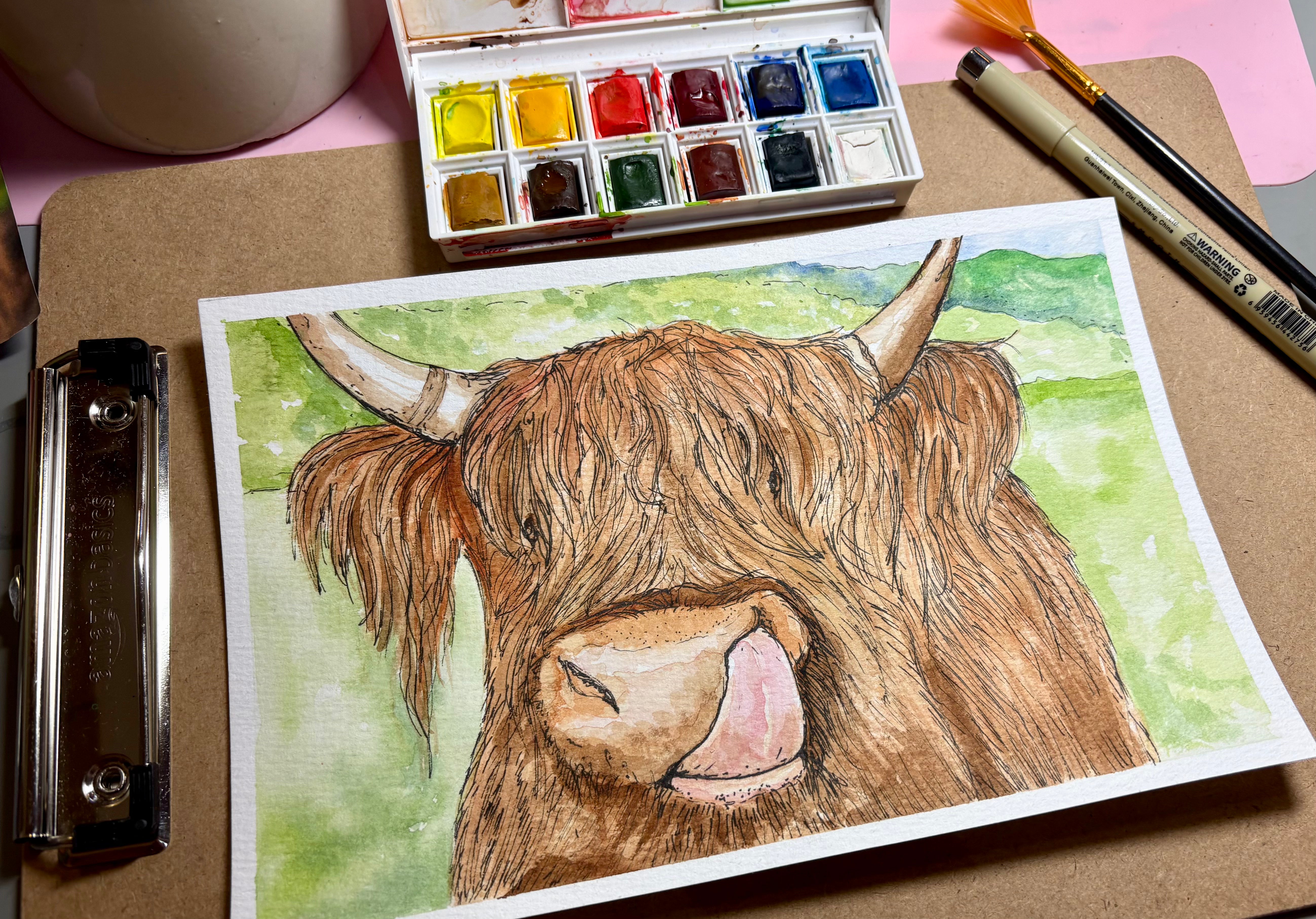 Highland cow watercolour and ink painting workshop with Home petite Home at Bibelot Leek