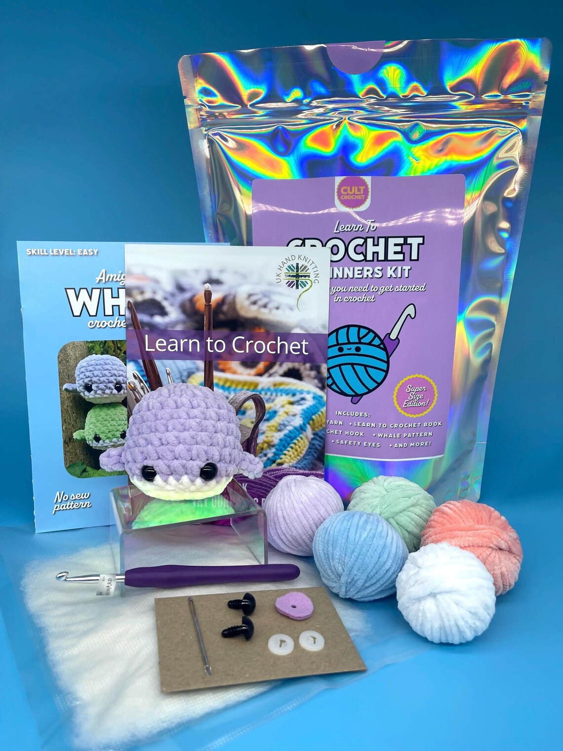 Cult Crochet Learn To Crochet Beginner Kit | Chenille Yarn Whale Plushie at Bibelot Leek, UK Stockist
