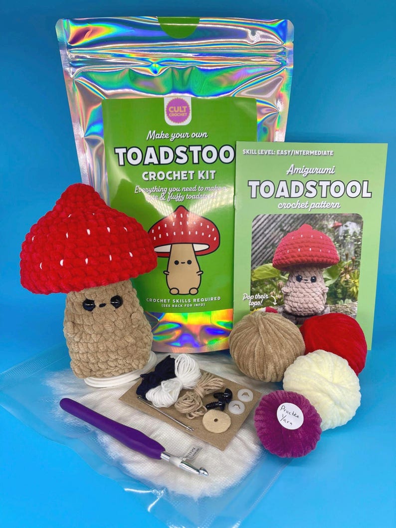 Cult Crochet Toadstool Crochet Kit – Amigurumi Chenille Craft Kit at Bibelot Leek UK Stockist