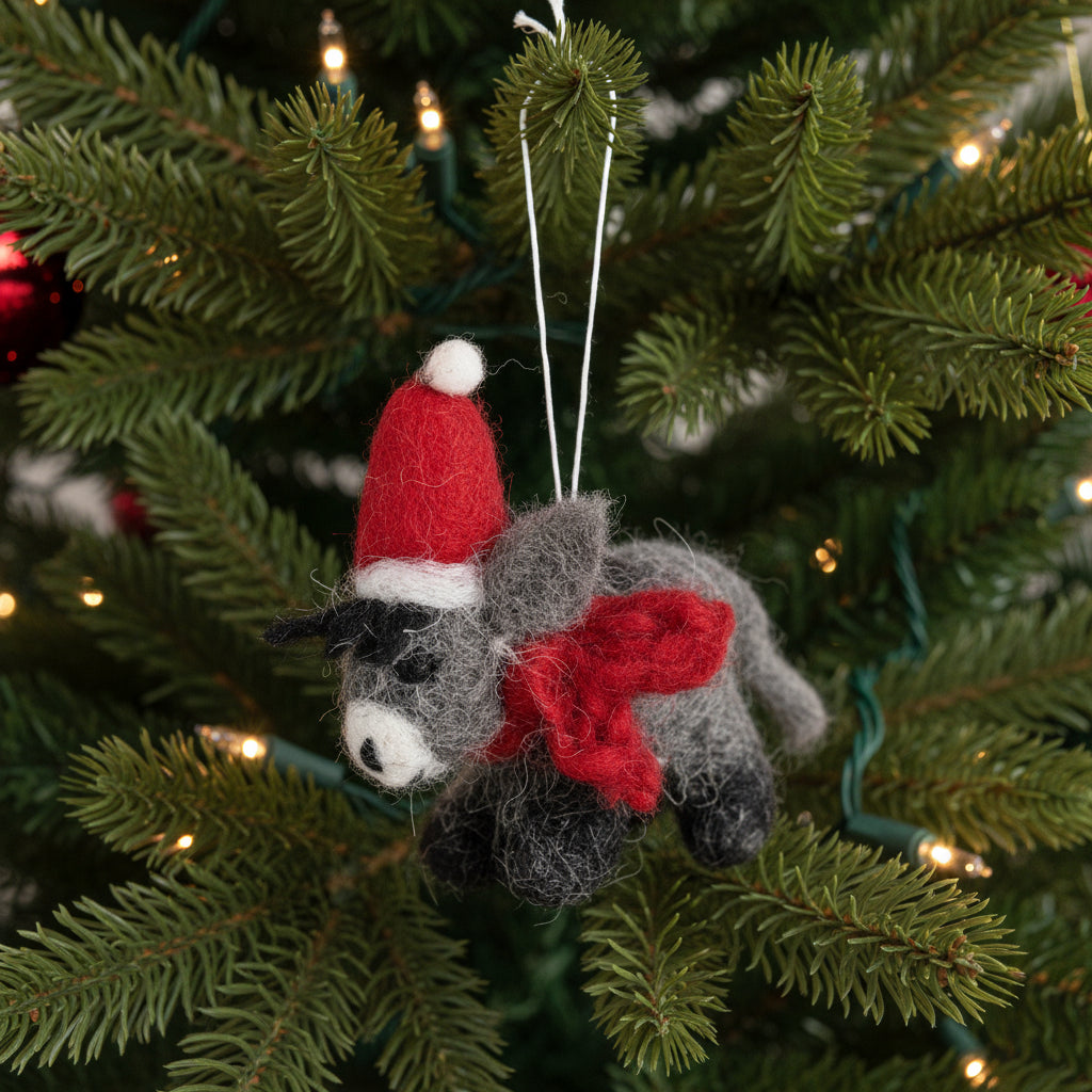 Amica Felt fair trade Mini Christmas Donkey with Hat & Scarf Decoration 