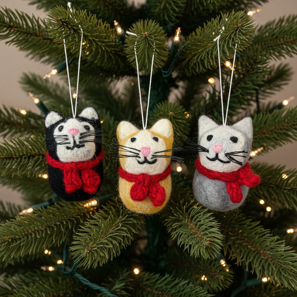 Amica Felt fair trade Christmas Mini Cat with Scarf: Black/ Ginger or Grey decoration