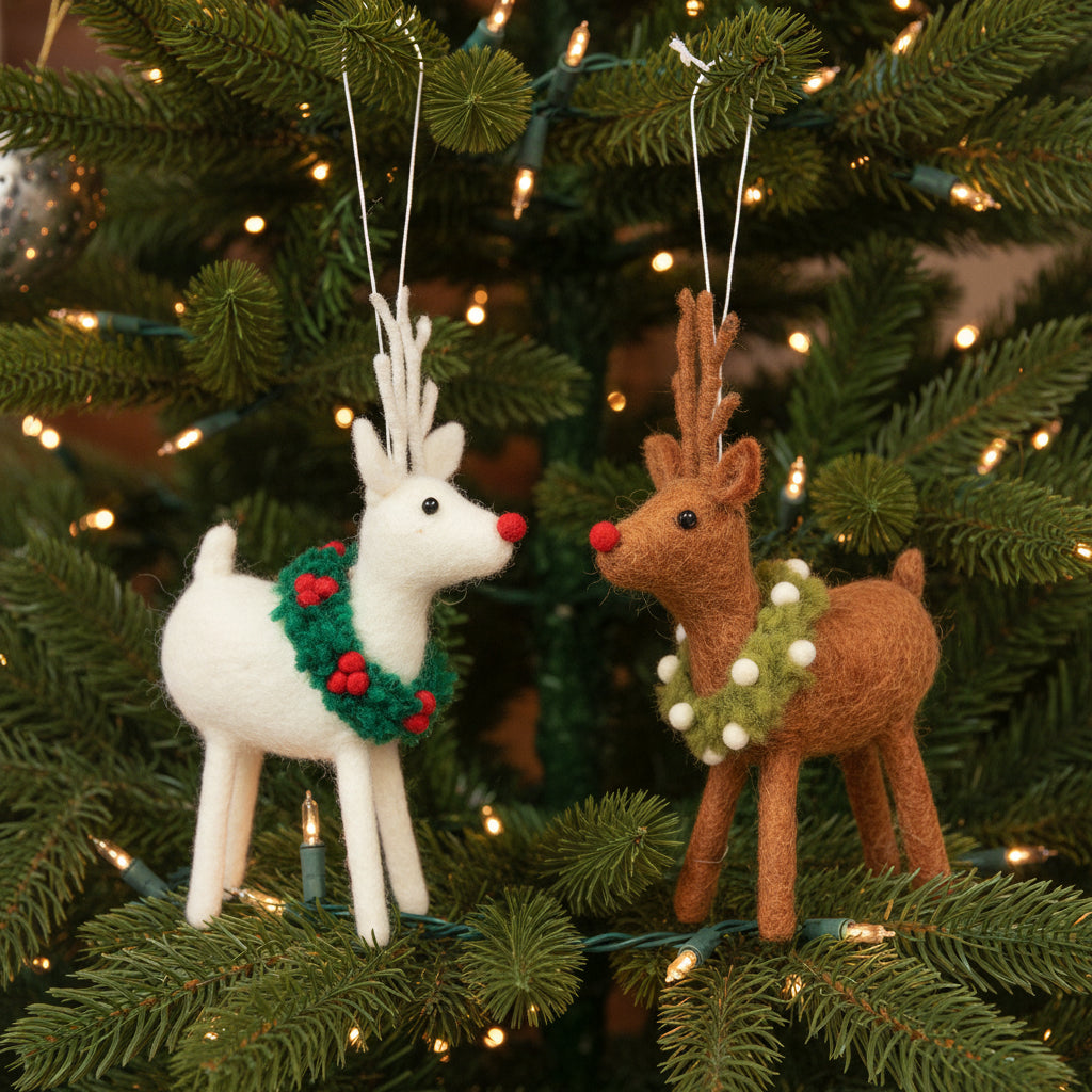 Amica Felt fair trade Christmas Reindeer with Holly & Mistletoe Wreath Decoration