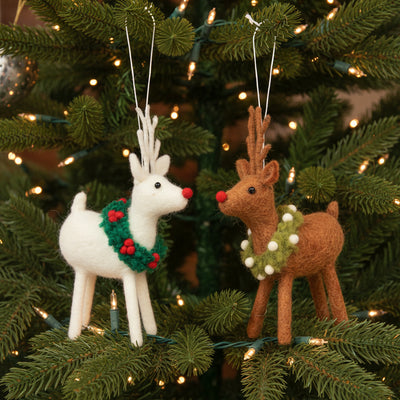Amica Felt fair trade Christmas Reindeer with Holly & Mistletoe Wreath Decoration