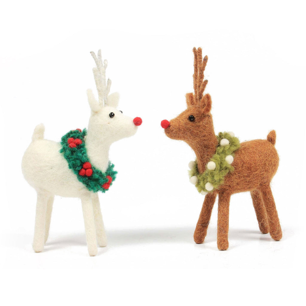 Amica Felt fair trade Christmas Reindeer with Holly & Mistletoe Wreath Decoration