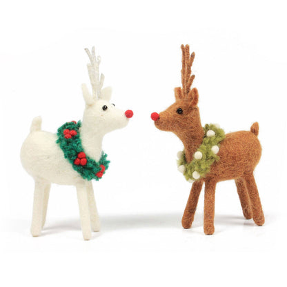 Amica Felt fair trade Christmas Reindeer with Holly & Mistletoe Wreath Decoration